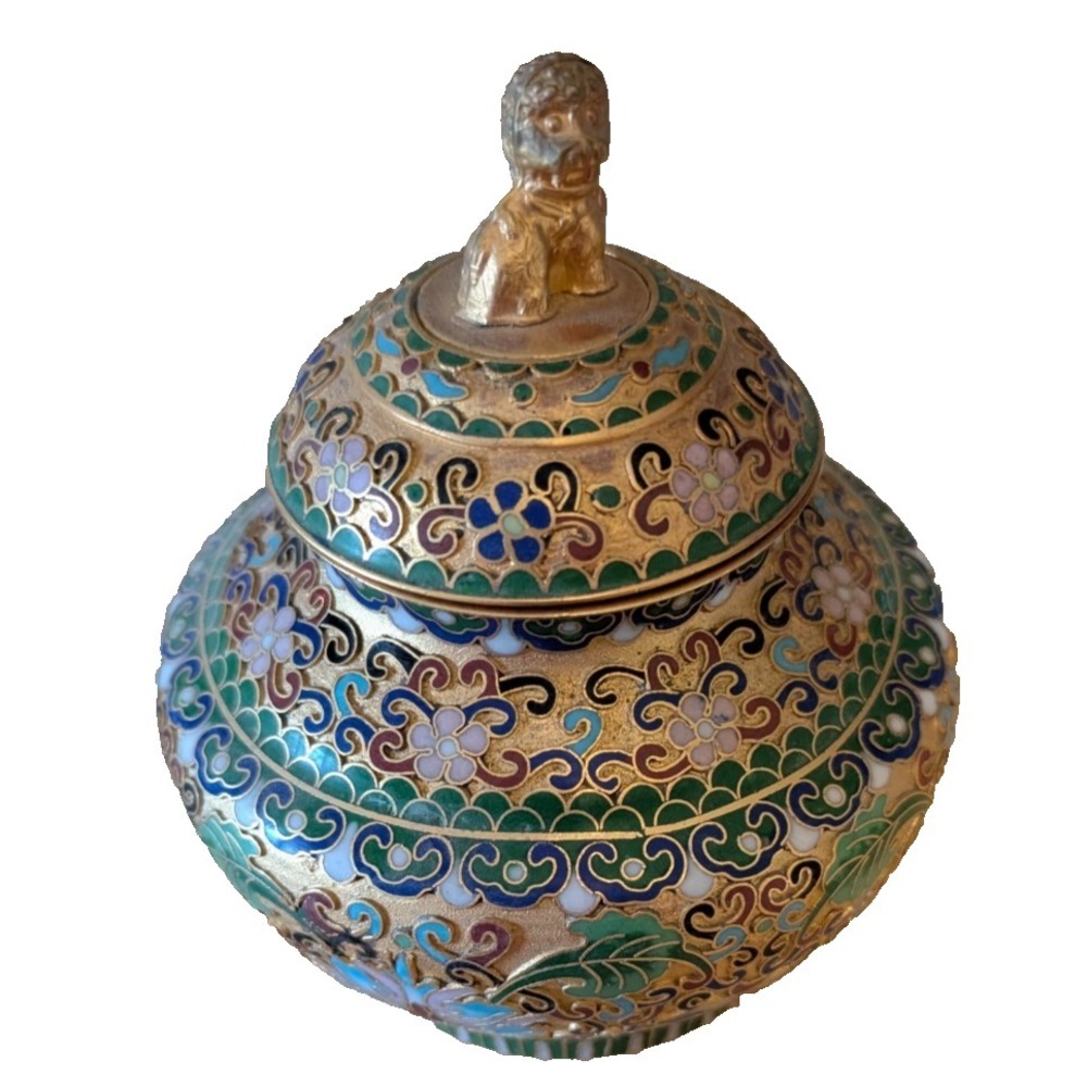 Vintage Chinese Foo‎ Dog Enamel Champleve Cloisonné Ginger Jar